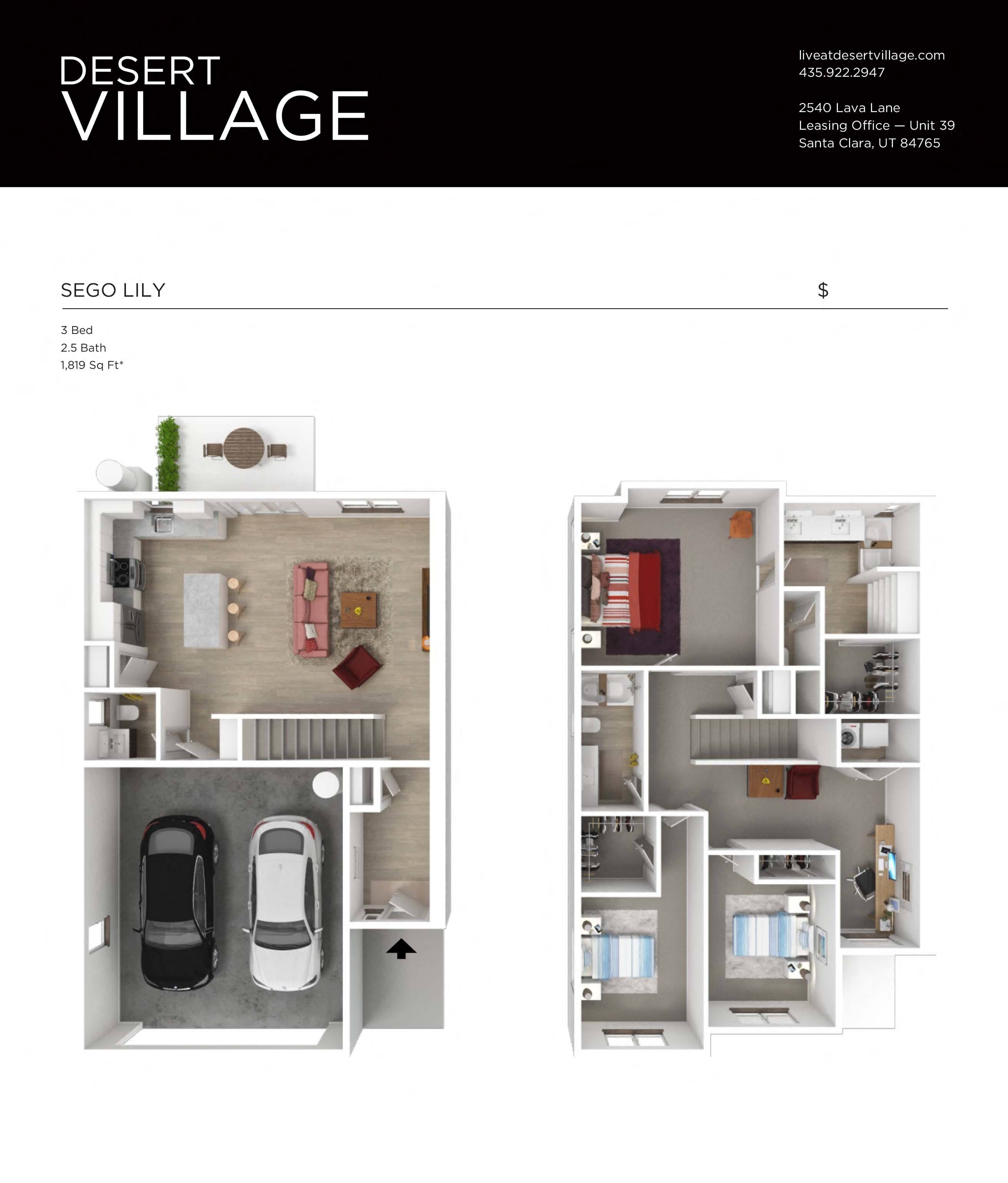 Desert Village Townhomes 3D Floor Plan - Sego Lily